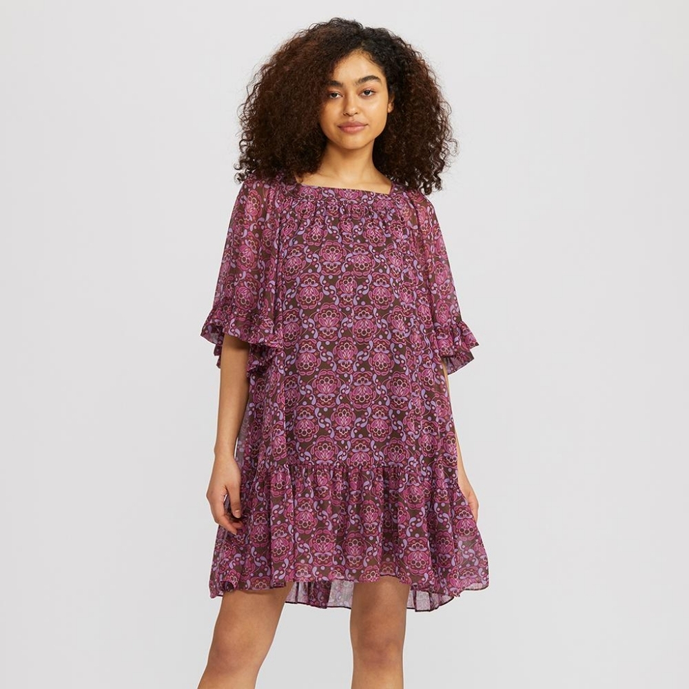 UNIQLO‎ x Anna Sui pink flutter half sleeve retro boho chiffon dress  XS